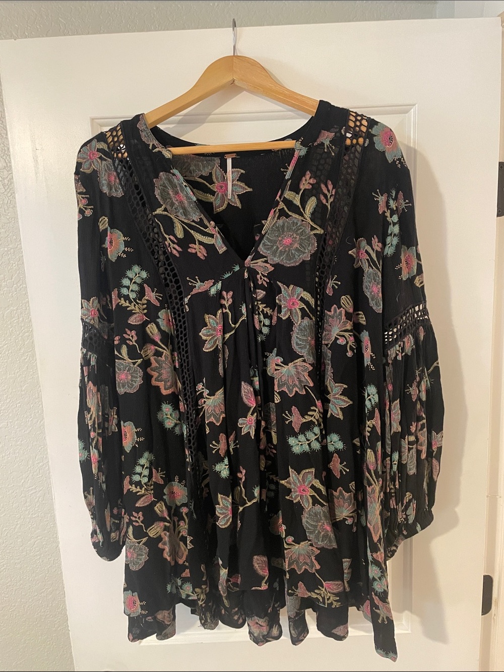 Free People Black Floral V-Neck Boho Tunic